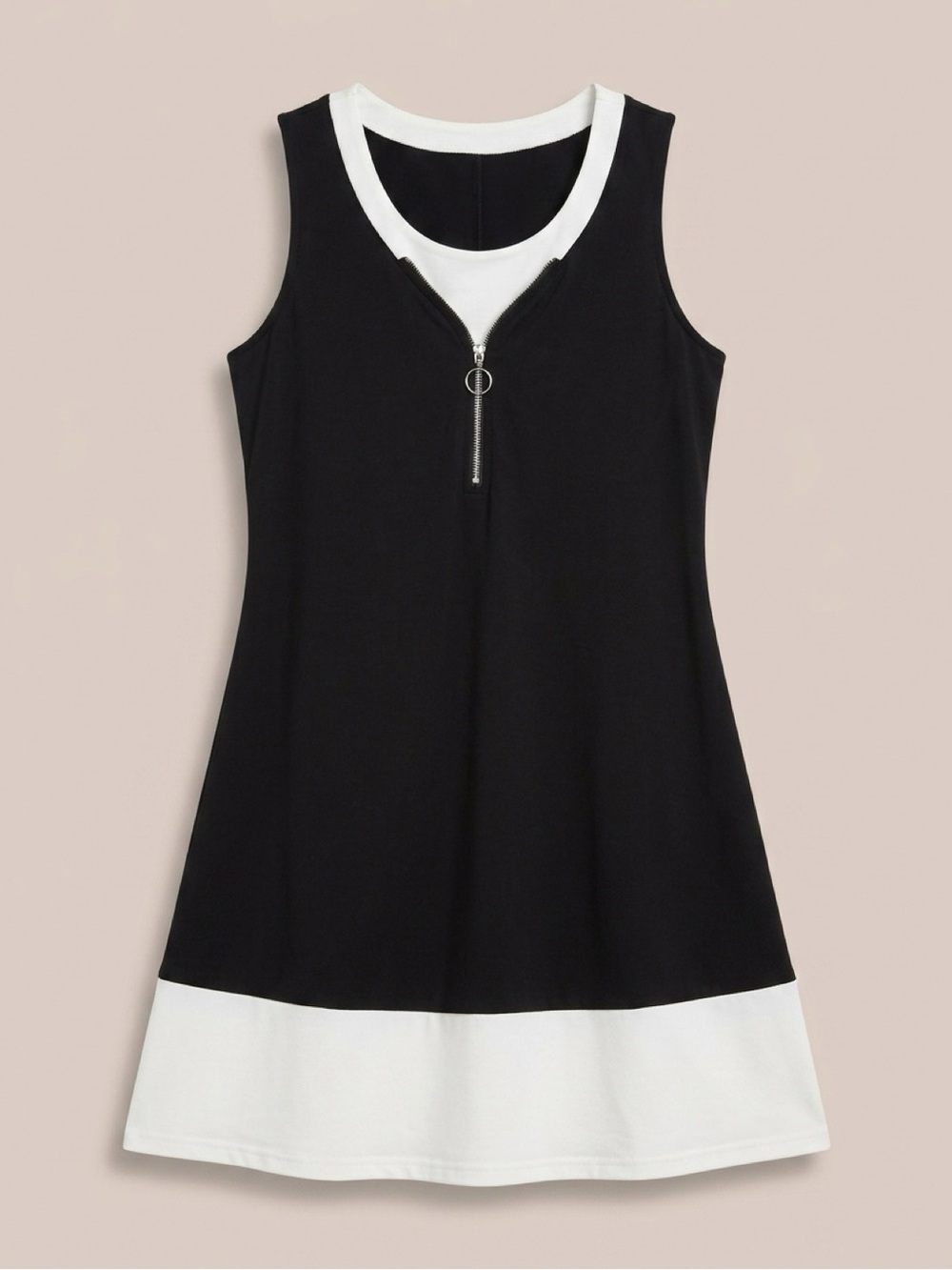 Amazon Black and White Sleeveless Zip-Front A-Line Mini Dress with Contrast Trim